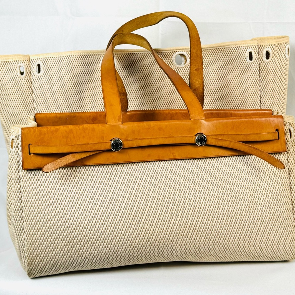 Hermes Tan and Cream Satchel with Leather Trim. Professionally cleaned. Authenti